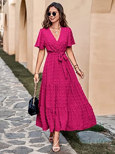MASCOMODA Womens Swiss Dot Maxi Spring Wedding Guest Dress 2025 Casual Wrap V Neck Flutter Sleeve Long Flowy Party Dresses(Rose Red,Medium) - Image 5
