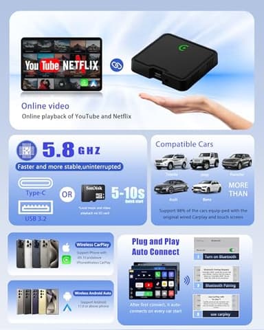Wireless Carplay Adapter 2025 Ai Box for iPhone & Android Auto with Netflix YouTube Supports TF card Dongle Plug and Play Easy Setup Carplay Video entertainment box for iOS 10+ and cars after 2015 Car - Image 2