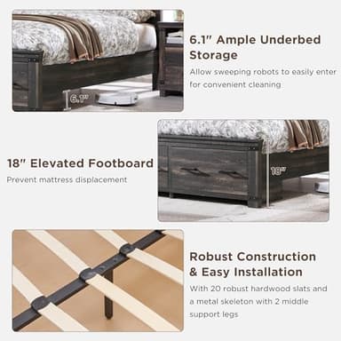 T4TREAM Farmhouse Queen Size Bed Frame with 54" Tall Geometric Headboard & 2 Large Storage Drawers, Rustic Wood Platform Bed with Wood Slats Support, No Box Spring Needed, Dark Rustic Oak - Image 7