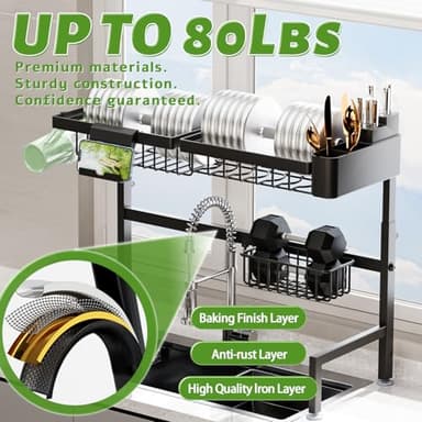 ilvvan Over The Sink Dish Drying Rack (Expandable Height and Length) Snap-On Design 2 Tier Large Dish Rack (23" - 34" L x 11" W x 19" - 21.5" H) - Image 6