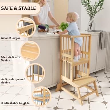 Toddler Tower, Kids Kitchen Step Stool with Safety Rails, Toddler Standing Tower Adjustable Height, Wooden Kitchen Stool for Kids, for Living Room Countertops and Bathroom Sinks(Natural) - Image 3