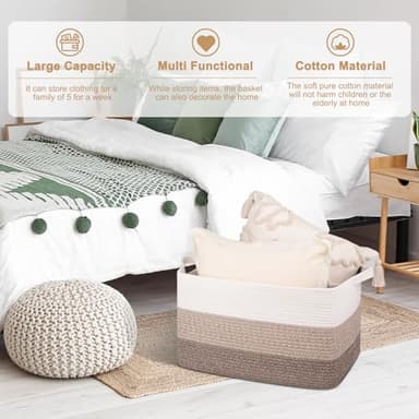 OIAHOMY Large Storage Basket, Cotton Rope Woven Blanket Basket, Toy Bin for Baby Room, Container for Blanket Storage in Living Room, 20''×16''×12'', Gradient Brown - Image 4