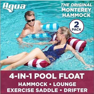 Aqua 4-in-1 Monterey Hammock Pool Float & Water Hammock, Multi-Purpose, Inflatable Pool Floats for Adults, Patented Thick, Non-Stick PVC Material, One Light Blue & One Burgundy/White Stripe, 2-Pack - Image 2