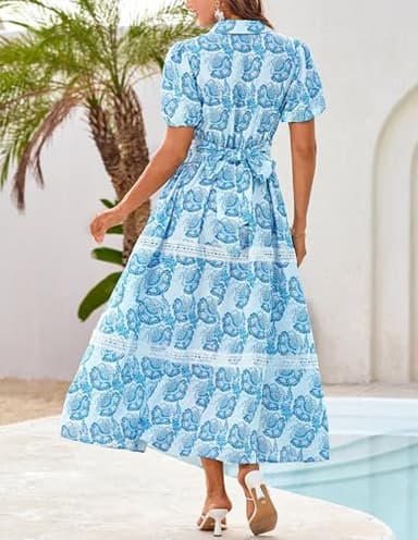 GRACE KARIN Women's 2025 Summer Floral Flowy Dresses Boho Tie Belt Short Puff Sleeve A Line Maxi Shirt Dress with Pocket White Blue Large - Image 3