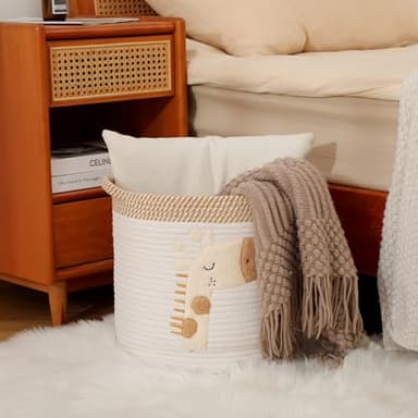 INough Toy Storage Baskets Woven Cotton Rope Storage Basket for Kids, Blanket Baskets for Living Room Toys Organizer with Embroidery Decor, Cute Baskets with Handle for Nursery, Playroom (Giraffe) - Image 6