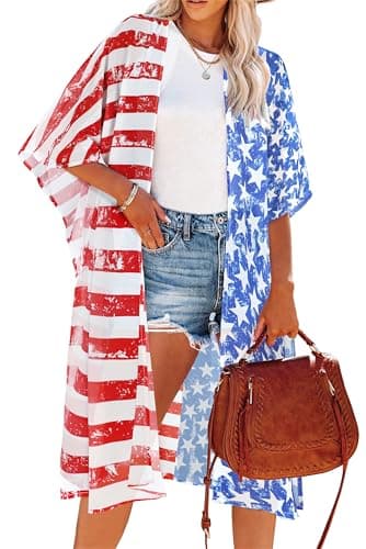 Women's American Flag Kimonos US Independence Print Cardigans Casual Loose Vacation Outfits(Blue US Flag,L) - Image 1