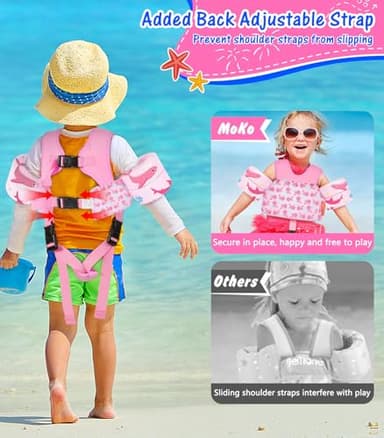 MoKo Swim Arm Floaties 15-30 lbs, Toddler Swim Vest for Kids Cartoon Swimming Water Wings with Crotch Strap, Pool Float Vests Sleeves Shoulder Straps Arm Band for Children, Baby Pink Whale - Image 2