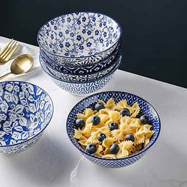 Selamica Blue and White Porcelain 20oz Cereal Bowl Set - Set of 6, 6 inch Soup Bowls, Ceramic bowls for Cereal, Soup, Salad and Pasta, Vintage Blue - Image 7
