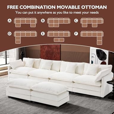 Ihanherry 146" U-Shaped Modern Sofa Modular Sectional Cloud Couch with 2 Ottoman, 6-Seat Chenille Deep Seat Sofa with 6 Pillows for Living Room, Bedroom and Apartment, Beige - Image 7