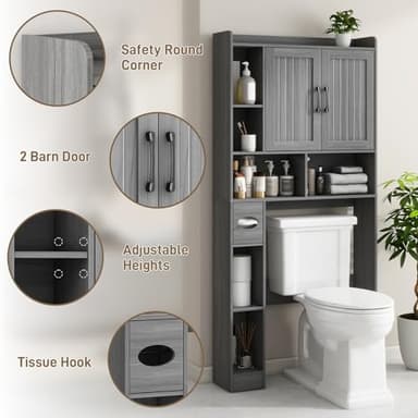 Over The Toilet Storage Cabinet, Farmhouse Storage Cabinet Over Toilet with Barn Door，Home Space-Saving Toilet Rack for Bathroom, Restroom and Laundry.（Wash Grey） - Image 4