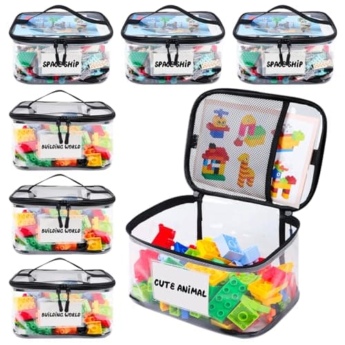 Tesuko 6 Pack Clear Toy Storage Bag with Name Tag& Manual Pocket, Waterproof Transparent PVC Toy Organizer Case for Lego Bricks, Board Games, Building Blocks, Puzzles (Large Capacity, Black) - Image 1