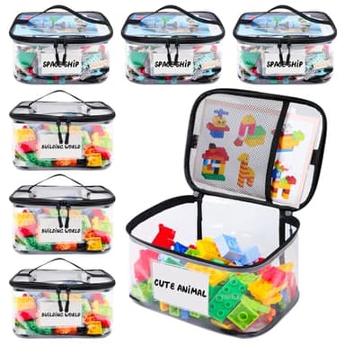 Tesuko 6 Pack Clear Toy Storage Bag with Name Tag& Manual Pocket, Waterproof Transparent PVC Toy Organizer Case for Lego Bricks, Board Games, Building Blocks, Puzzles (Large Capacity, Black) - Image 1