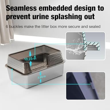 Suhaco Stainless Steel Litter Box Side Entry, Kitty Black Litter Mat and White Scoop Included Covered Metal High Sided Large Cat Litter Box with Lid Removable Enclosure for Medium Cats (Black) - Image 4