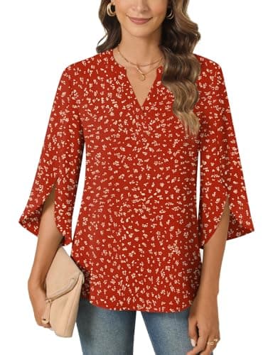 Anyally Women's Chiffon Blouses 3/4 Sleeve Summer Dressy Tunic Tops Casual Loose V Neck Plus Size T-Shirts, 3XL, Polka Dots Red - Image 1