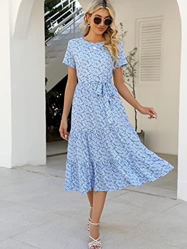 Lyrur Floral Midi Dress Womens Short Sleeve Belted Tiered Babydoll Flowy Casual Summer Sundress with Pockets(XL,9191-Blu Daisy) - Image 6