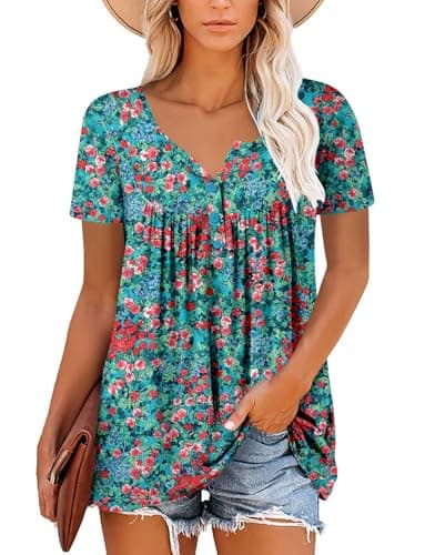 ROSELINLIN Womens Floral Tunic Tops Summer Dressy Casual Tops Short Sleeve V Neck Shirts Green Coral XL - Image 2