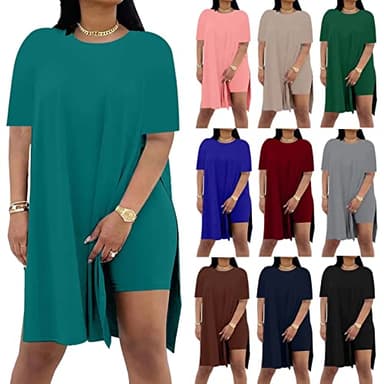 AXOSY Women Plus Size 2 Piece Outfits Short Sleeve Tunic Tops and Skinny Biker Shorts Sets Tracksuits Coffee,X-Large - Image 2