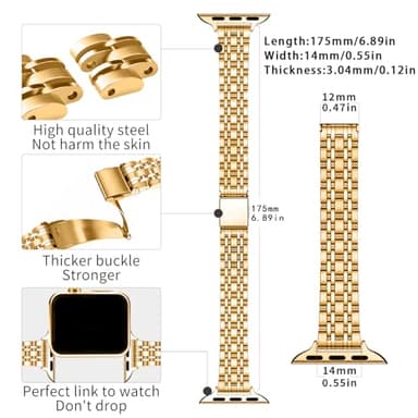QUNDAXI Gold Watch Band Compatible with Apple Watch 41mm 45mm 42mm 44mm 40mm 38mm Metal Stainless Steel Watchband Suitable for iWatch 9/8/7/6/5/4/3/2/1/SE Series Women Luxury Strap (42mm 44mm 45mm) - Image 3