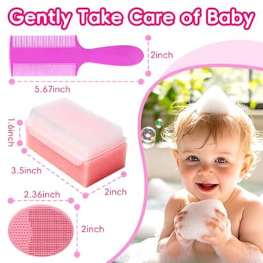 Cradle Cap Brush for Babies, Set of 5 Baby Bath Essentials with Bath Sponge Silicone Scrubber Long Handle Comb for Newborns Toddlers Boys Girls (Pink) - Image 2