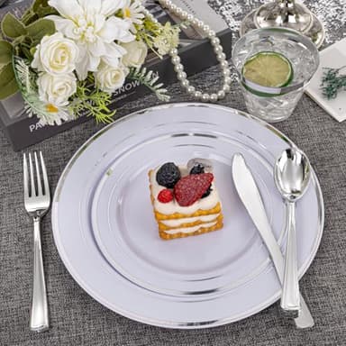 WELLIFE 350-Piece Silver Plastic Dinnerware Set - Disposable 10.25" Dinner Plates, 7.5" Dessert Plates, 9oz Silver Rim Cups & Cutlery for Weddings - 50 Guest Service - Elegant Disposable Silverware - Image 6
