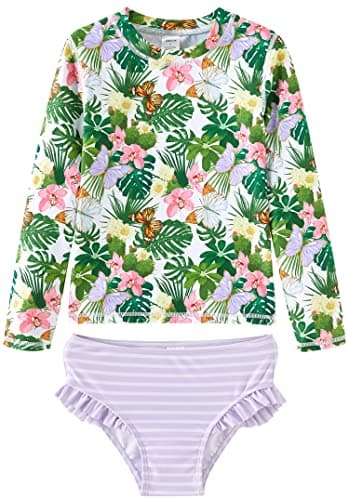 UMELOK Baby Swimsuit Girl Infant Rashguard Swimsuit Long Sleeve Green/Light Purple, Begonia 3-6 Months - Image 1
