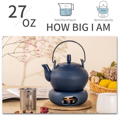 TEATALK Ceramic Teapot with Warmer: 27 oz Large Tea Pot with Infuser for Loose Tea, Blue Teapot with Strainer - Image 3