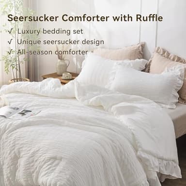JOLLYVOGUE Queen Comforter Set, 3 Pieces White Seersucker Comforters Queen Size, Lightweight & Fluffy Bedding Sets Queen for All Season with 1 Ruffle Comforter and 2 Ruffle Pillowshams - Image 3