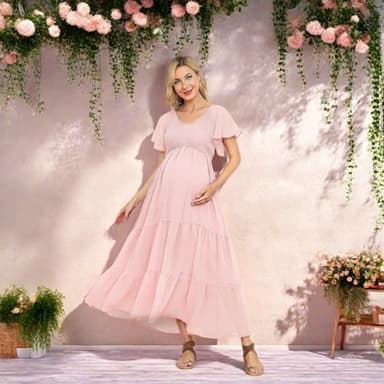 Swiss Dot Smocked Maternity Dress for Baby Shower Photoshoot Casual V Neck Ruffle Sleeve Empire Waist Tiered Boho Dress - Image 4