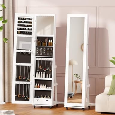 BTDWI 65’’ Jewelry Mirror Cabinet with Wheels, 360° Swivel Jewelry Armoire Floor Standing with Interior Led Mirror & Rear Storage Shelves, White - Image 1