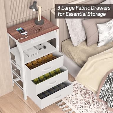 SZLHANJZ End Table with LED Lights, Nightstand with Charging Station and 3 Drawers, Small Side Table with Fabric Storage for Bedside, Living Room, Dorm, White and Walnut - Image 4