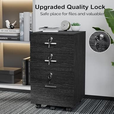 VINGLI 3-Drawer File Cabinet with Lock, Wood Rolling Filing Cabinets for Home Office, Mobile Printer Stand, Under Desk File Organizer for Letter Sized Files, 26" H(Caster Included), Black - Image 5