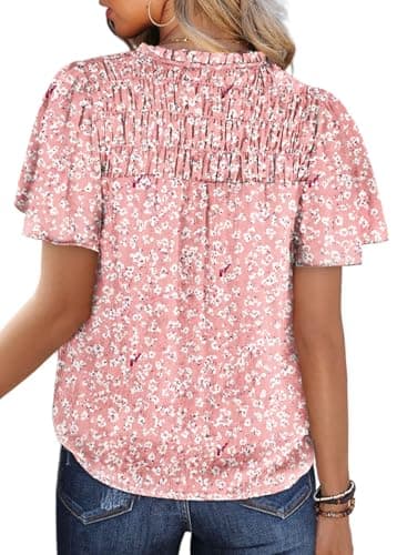 SHEWIN Womens Blouses 2025 Casual Short Sleeve Shirts V Neck Blouse Flowy Cute Summer Tops for Women Pink Medium - Image 7