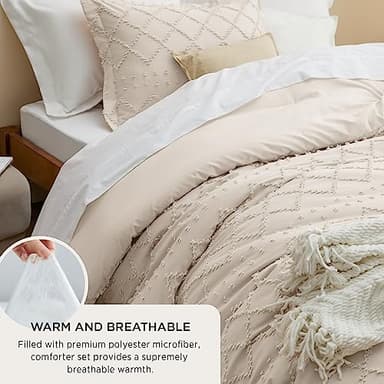 Bedsure Queen Comforter Set - Beige Comforter, Boho Tufted Shabby Chic Bedding for Kids, 3 Pieces Vintage Farmhouse Bed Set for All Seasons, Fluffy Soft Bedding with 2 Pillow Shams - Image 4