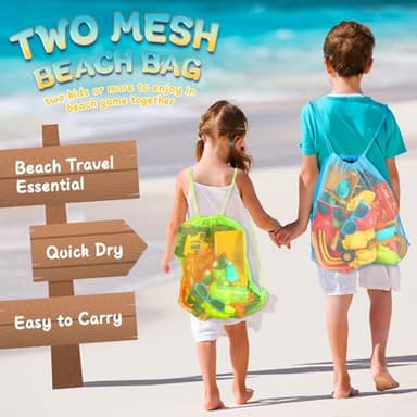 HUITEM Beach Toys for Kids, Sand Toys with 2 Collapsible Beach Bucket,3 Dump Truck,2 Sunglasses,Ocean Molds,Sandbox Shovel,2 Mesh Bag Sand Castle Building Kit Travel Beach Essentials for Toddler 3-10 - Image 3