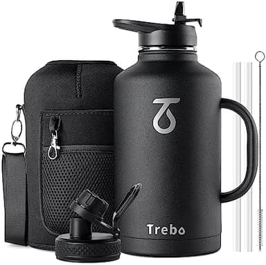 Trebo 64 oz Water Bottle Insulated with Handle, Half Gallon Stainless Steel Metal Large Water Jug, Travel Flask with Straw Spout Lid, Wide Mouth Mug with Carry Pouch, Keep Cold Hot, Black - Image 3
