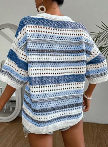 Acelitt Womens Spring Summer Short Sleeve Crochet Sweater 2025 Fashion Trendy Hollow Out V Neck Striped Knitted Tops Beach Vacation Cruise Outfits Resort Wear Blue XX-Large - Image 2
