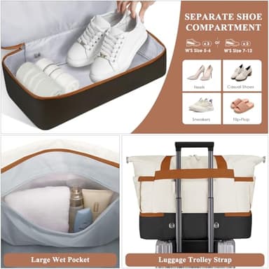 ETRONIK Gym Bag for Women, 45L Carry On Travel Duffel Bag with Shoes Compartment, Weekender Overnight Bag with Wet Pocket & USB Charging Port for Women, Travel, Gym, Weekend, Large Size (Beige) - Image 4