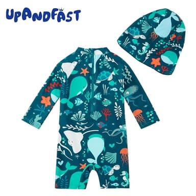 upandfast Toddler Boy Swimsuit UPF 50+ Sun Protection Baby Boys' Swimwear One Piece Bathing Suit with Sun Hat (Green Whale, 12-18 Months) - Image 2