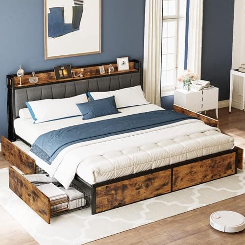 LIKIMIO California King Bed Frame with 4 Storage Drawers, Platform Bed with Charged Headboard, Sturdy and Stable, No Noise, No Box Spring Needed, Easy to Install, Vintage Brown and Gray - Image 1