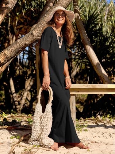 MEROKEETY Women's 2025 Summer Maxi Dress Casual Short Sleeve Beach Vacation Crewneck Basic Long T Shirt Dresses, Black, Small - Image 7