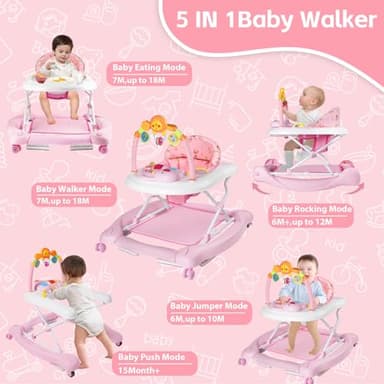 Baby Walker, 5 in 1 Baby Walkers for Boys Girls 6-12 Months, Foldable Walkers for Babies with Bouncer & Feeding Tray, Music, Adjustable Heights, Activity Walker for Infant - Image 3