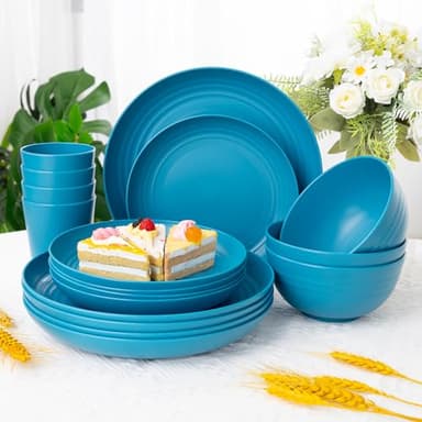 LIYH 48 Pcs Blue Wheat Straw Dinnerware, Plates and Bowls Set, Camping Dish Set for 12, Plastic Dinnerware Set, Dishwasher Safe Dinnerware Set, Unbreakable Plastic, Camper Dish Sets - Image 3