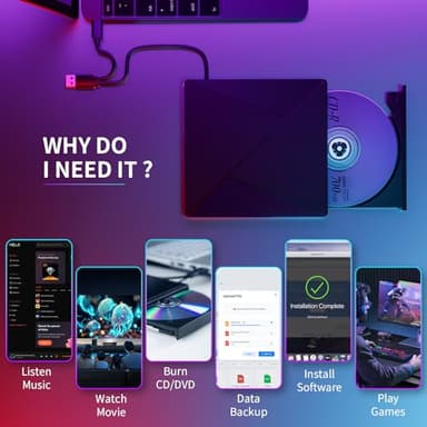 DVD Player for Laptop, External CD Drive for Mac, USB 3.0 USB C Portable CD Burner External Disk Drive, DVD Reader Writer ROM Drive Compatible with Laptop Desktop Mac,Windows 10/8/7 Linux - Image 5