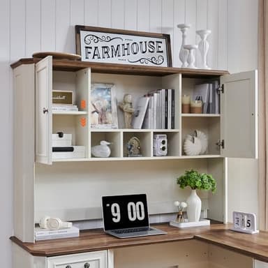 T4TREAM 59" L Shaped Desk with Hutch,Victorian Wood Computer Desk, Featuring Charging Station,File Drawer, Storage Cabinet,for Home Office Work and Study (Antique White) - Image 4