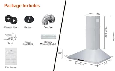 Range Hood 30 inch Wall Mount with 265 CFM,Ducted/Ductless Range Hood Stainless Steel with Touch Control 3 Speed Exhaust Fan, Adjustable Chimney & LED Light, Silver - Image 3