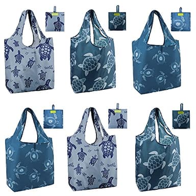 BeeGreen Sea Turtle Reusable Grocery Bags Large Tote Bag With Handles, Bulk Gift Foldable Shopping Bags for Women 6 Pack, Cute Cloth Bag, Heavy Duty, Washable For Beach, Holiday, Travel And Groceries​ - Image 1