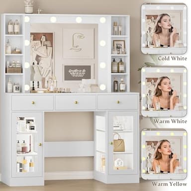 Wodeer Makeup Vanity Desk with Mirror and Lights, White Vanity with Glass Top, LED Lights & Power Outlet, 3 Drawers & 2 RGB Glass Cabinets, Adjustable Lighted Dressing Table for Women & Girls Bedroom - Image 3