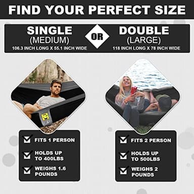 SZHLUX Camping Hammock Double & Single Portable Hammocks with 2 Tree Straps and Attached Carry Bag,Great for Outdoor,Indoor,Beach,Camping,Black & Grey, Large - Image 2