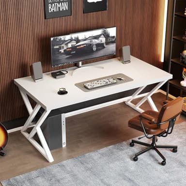 LVB White Computer Desk, Modern Wood Home Office Desk for PC Writing Work, Metal Wooden Executive Workstation Student Simple Desk, Computer Study Gaming Bedroom Table, 55 Inch, White Oak - Image 3