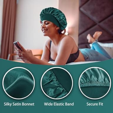 4PCS Silk Satin Bonnets for Black Women & Men - Elastic Wide Band Hair Wrap Cap for Curly Hair - Shower Cap for Sleeping (Black, Peacock Blue, Pink, Khaki) - Image 7